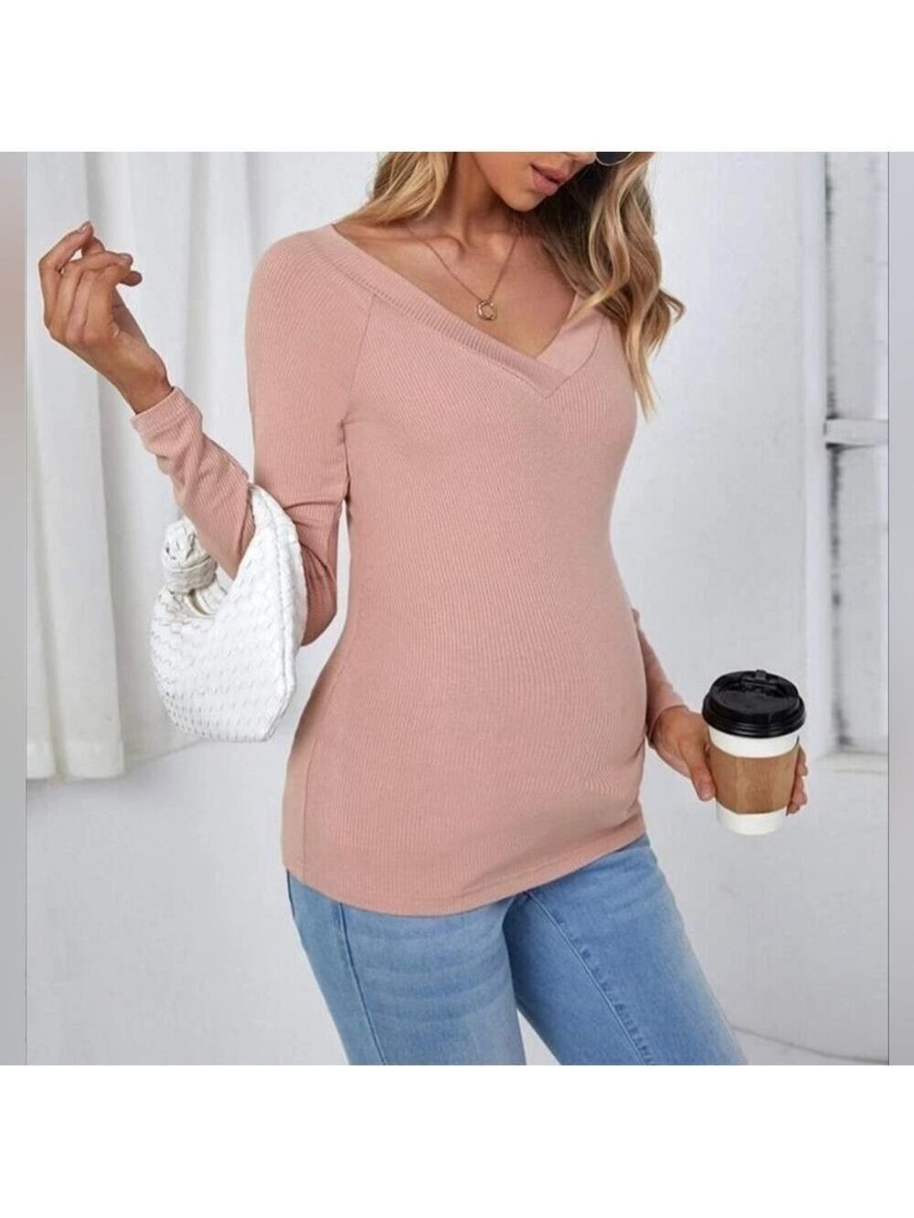 SHEIN Maternity Dusty Pink Ribbed Knit Raglan Sleeve Tee Medium New Without Tags